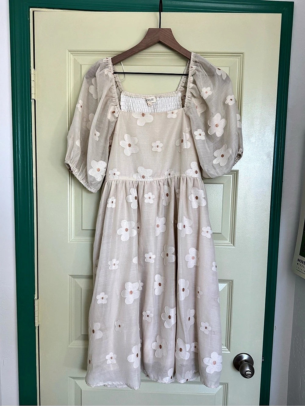ROOLEE Floral Midi Dress in Beige & White Size Medium